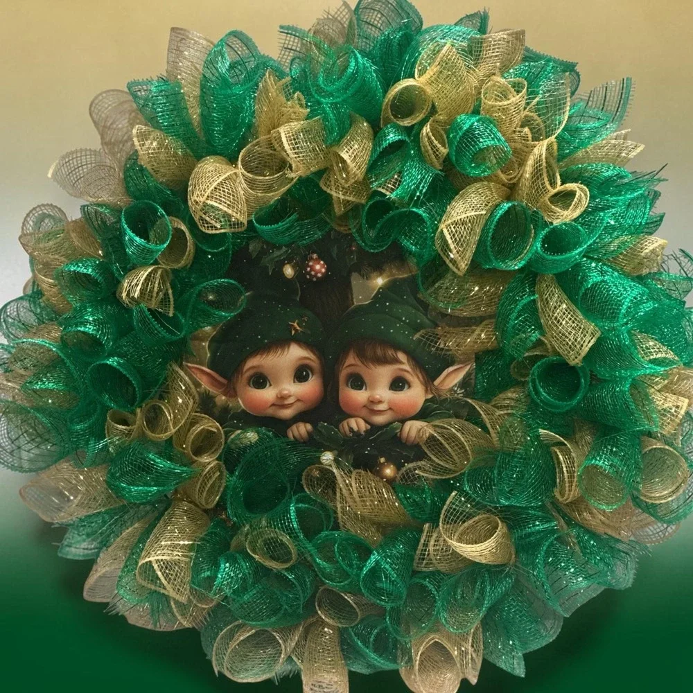 Christmas Elf Deco Mesh Wreath Green Gold Holiday Front Door Decor Handmade
